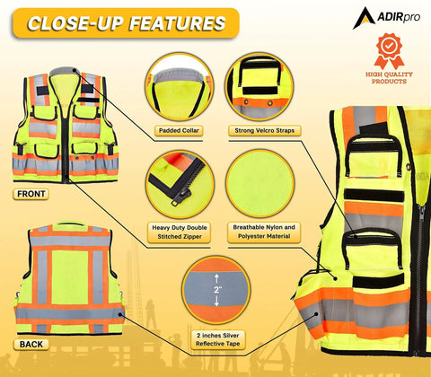Straight Up Durable High Visibility Class Two Safety Vest With Blazing Reflective Tape And Secure Zippered Pockets For Construction Crews And Surveyors In Fluorescent Yellow, featuring padded collar and double stitched zipper.
