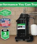 One Third HP Submersible Sump Pump With Cast Iron And Stainless Steel Housing, shown against brick wall, warranty badges visible