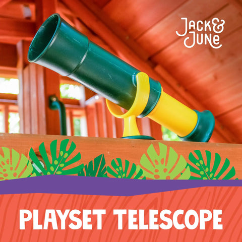 Green and Yellow Telescope Playset Attachment With 360 Degree Spin for Kid Friendly Outdoor Adventures Durable Polyethylene Build Easy Mounting Kit Included Sparks Imagination and Endless Backyard Explorations on wooden playset