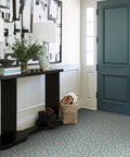 Entryway with Fontaine Peel And Stick Floor Tiles in Blue, no grout needed, water-resistant, textured low lustre finish, adhesive tiles.