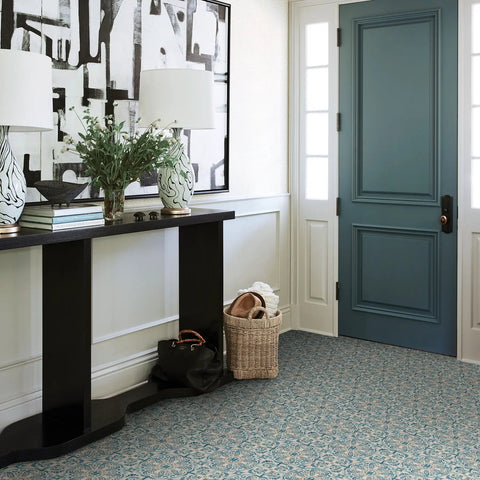 Entryway with Fontaine Peel And Stick Floor Tiles in Blue, no grout needed, water-resistant, textured low lustre finish, adhesive tiles.
