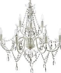 9 Light Crystal Flush Mount Chandelier With White Metal Frame And Clear Glass Crystals, Hardwired Ceiling Light For A Lit Glow