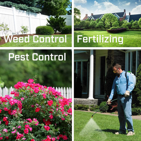 Made In The USA 4 Gallon Tree And Turf Pro Commercial Backpack Sprayer used for lawn care, shown in garden and landscaping scenarios