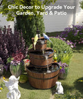 Rustic Wood Barrel 3 Tier Outdoor Water Fountain With Electric Hand Pump Cascading Waterfall For Garden Backyard Patio