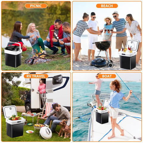 28 Quart Portable Mini Fridge And Electric Cooler Warmer For Car With 12V Dc Plug And Auto Locking Handle used during picnic and beach activities.