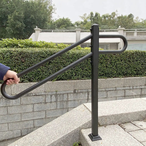 Tough As Nails Outdoor Single Post Wrought Iron Stair Rail For 1 To 3 Steps, Heavy Duty Metal Handrail With Powder Coated Rust Resistant Finish, Weatherproof Porch Or Garage Stair Railing, 28 Inch Long By 8.5 Inch Wide Base, 35.5 Inch Tall