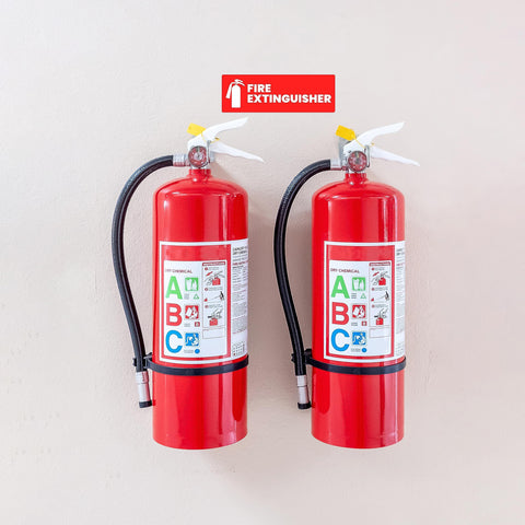 High Visibility Fire Extinguisher Sticker Set for Office and Commercial Spaces No Brainer Safety Sign for Landlords and Short Term Rentals 6x2 Inches Includes Four Labels for Quick Access and Compliance on two extinguishers