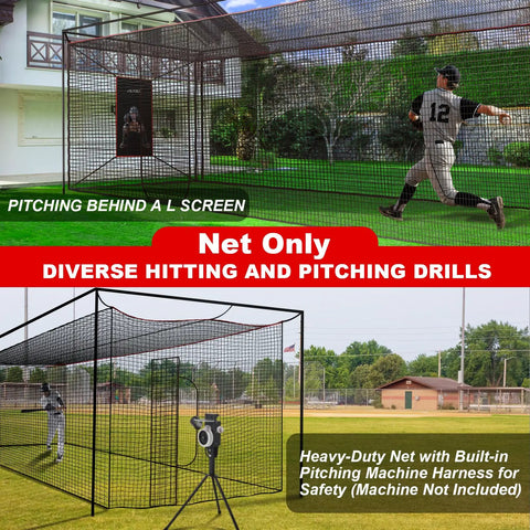 Baseball And Softball Batting Cage Net With Realistic Catcher, Backyard Practice Net, Net Only, shows durable 20x8x8 ft design