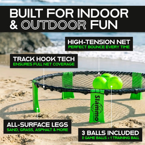 Roundnet Slammo Game Set For Backyard And Beach Fun with net and green legs on sandy beach