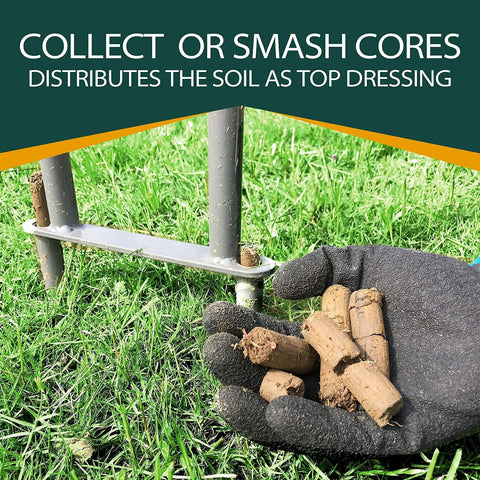 Gloved hand holding soil plugs removed by Lawn Core Aerator Tool Manual Dethatching And Soil Aeration Heavy Duty Garden Aerator.