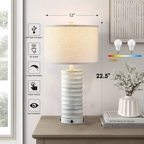 3 Way Dimmable Rustic Table Lamps Set Of 2 With Touch Control And Built In USB Port And AC Outlet White Finish On Nightstand