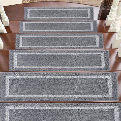 Cozy Stair Treads Non Slip Carpet Mats 28x9 Inches For Indoor Wooden Steps 4 Pack Polyester With TPE Backing installed on stairs