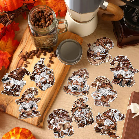 12 Piece Diamond Art Magnets Set With Coffee Gnome Refrigerator Art Easy DIY Diamond Painting Magnets Kit displayed on table