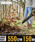 Person using Cordless Leaf Blower 550 CFM 150 MPH Turbo Power With Dual 4.0Ah Batteries And Fast Charger Lightweight Handheld Electric Blower For Lawn Yard Patio Leaf Dust Cleanup Black in yard