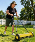 14 Inch Hand Push Reel Lawn Mower With 5 Blade Reel For Precision Scissor Like Cut, Easy To Use Manual Reel Mower With Adjustable Cutting Height 0.4 To 4 Inches, Fits 14 Or 16 Inch Yard Width For Small Yards, yellow steel