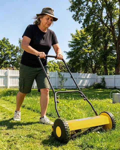 14 Inch Hand Push Reel Lawn Mower With 5 Blade Reel For Precision Scissor Like Cut, Easy To Use Manual Reel Mower With Adjustable Cutting Height 0.4 To 4 Inches, Fits 14 Or 16 Inch Yard Width For Small Yards, yellow steel