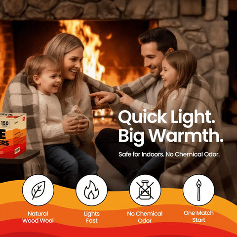 Family by fireplace with box of Natural Wood Fire Starters Bulk 150 Count For Campfires Fireplaces Grills BBQ Charcoal Wood Stoves And Fire Pits Odorless Non Toxic Waterproof Instant Ignite Long Lasting Burn