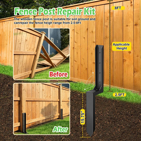 Image showing Eight Pack Heavy Duty Fence Post Repair Stakes Kit For Replacing Tilted Or Broken Wood Posts With Deep Ground Anchors