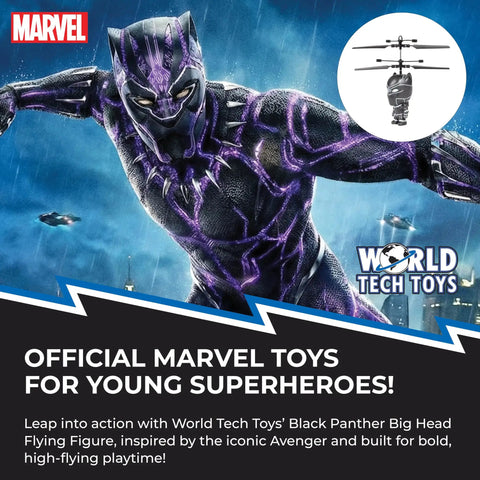 Black Panther Flying Toy Helicopter With Motion Sensor For Kids Ages Six And Up Wakanda Inspired Drone With Infrared Hover Feature Licensed Hero Toy For Little Superheroes on blue background