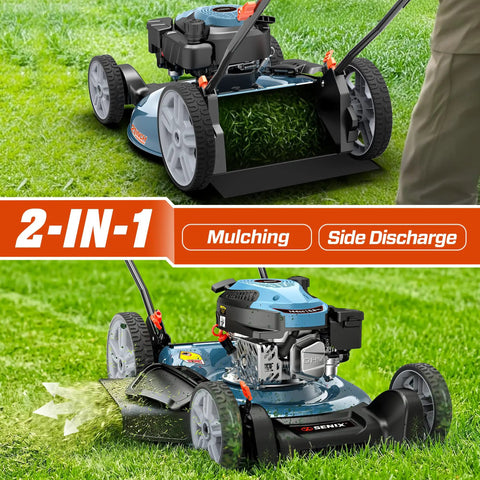 21-Inch Gas Lawn Mower With 144cc 4-Cycle Engine, Mulching And Side Discharge, 6-Position Height Adjustment, Push And Walk-Behind Mower For Yard And Garden Tackle Thick Grass Like A Boss, 2-in-1 cutting view