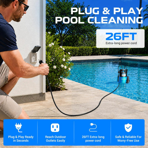 Badass Heavy Duty 1HP Submersible Sump Pump Pulls A Knockout 5300GPH Flow with 26FT cord in pool for cleaning.