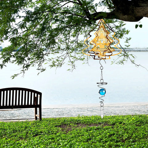 Three Pack Gazing Ball Spiral Tail Wind Spinner Set With Hanging Swivel Hooks For Indoor Outdoor Decor Glass Orbs In Red Sky Blue And Navy Blue For A Killer Garden Balcony Vibe. Hanging gold tree wind spinner with blue glass orb in garden