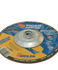 Tiger Pipeline 6 Inch Bead Grinding Wheel Z30T Type 27 with 5/8-11 Nut for grinding, featuring orange and blue label.