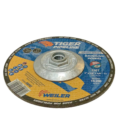 Tiger Pipeline 6 Inch Bead Grinding Wheel Z30T Type 27 with 5/8-11 Nut for grinding, featuring orange and blue label.