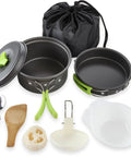 Backpacking Cooking Kit 10 Piece Non Toxic Anodized Aluminum Camp Cookware Set with utensils and carrying bag displayed