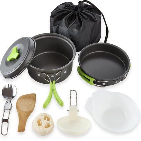 Backpacking Cooking Kit 10 Piece Non Toxic Anodized Aluminum Camp Cookware Set with utensils and carrying bag displayed