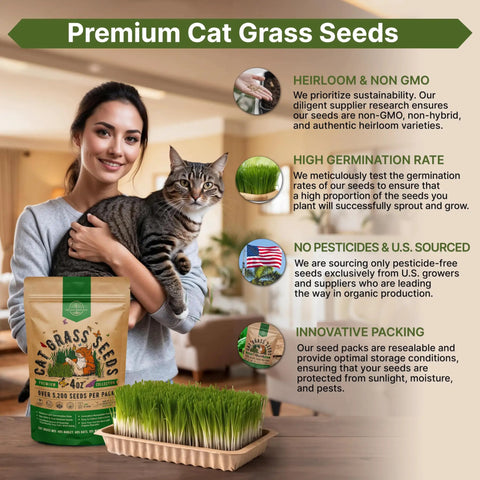 Cat Grass Seed Mix For Indoor Cats And Pets With 5200 Non GMO Heirloom Seeds In A 4 Oz Pack To Grow Fresh Barley Oats Rye And Wheat Grass For Hairball Relief No Fuss Indoor Planting