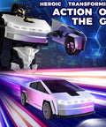 RC Transforming Cyber Pickup Truck And Robot Toy For Kids in car and robot mode with neon lights in action scene.