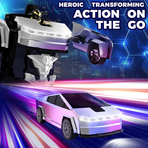 RC Transforming Cyber Pickup Truck And Robot Toy For Kids in car and robot mode with neon lights in action scene.