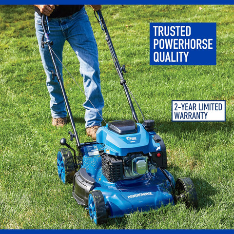 21 Inch 3 In 1 Self Propelled Gas Lawn Mower With 200cc OHV Engine Kickin Power Through Thick Grass Wet Yards And Uneven Terrain Mulch Bag Side Discharge For Easy Cleanup; blue steel deck mower on grass