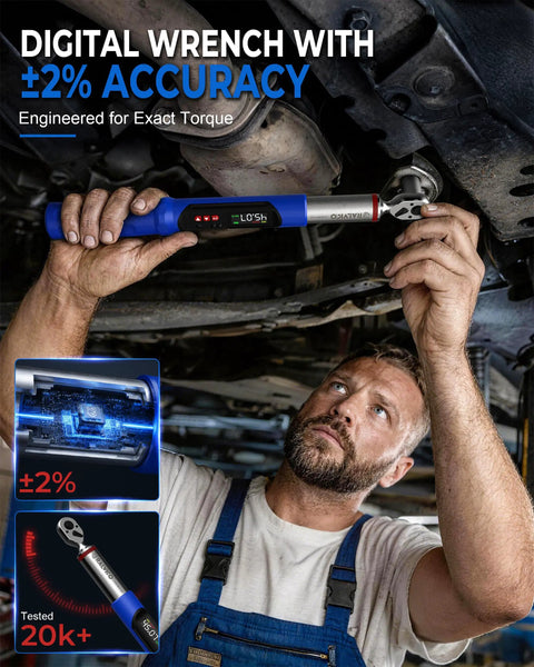 Heavy Duty Digital Torque Wrench Set Featuring 1/2 And 3/8 Inch Drives For Motorcycle And Car Engines used in an automotive setting.