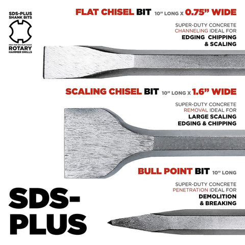 3 Piece SDS Plus Chisel And Point Bit Set For Rotary Hammers, Aggressive Concrete And Tile Demolition, Includes 10 Inch Point Chisel, 10 Inch Flat Chisel 0.8 Inch, 10 Inch Scaling Chisel 1.57 Inch, SDS Plus Shank, Quick Bit Change, Forged Durability showing flat, scaling, and bull point bits.