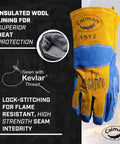 Premium Split Cowhide MIG And Stick Welding Gloves With Wool Lining Kontour Fit Kevlar Protection Blue And Gold Large Size