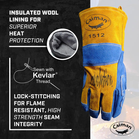 Premium Split Cowhide MIG And Stick Welding Gloves With Wool Lining Kontour Fit Kevlar Protection Blue And Gold Large Size