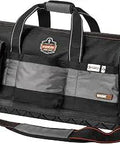 Long Wide Mouth Tool Bag With Rubber Base And 28 Pockets, 1680D Ballistic Polyester, Detachable Phone Holder, Gray