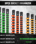 Pro Grade Socket Clip Rail Organizer Kit 6 Piece Set, Heavy Duty ABS Holder with 1/4, 3/8, 1/2 inch clips displayed in colors.