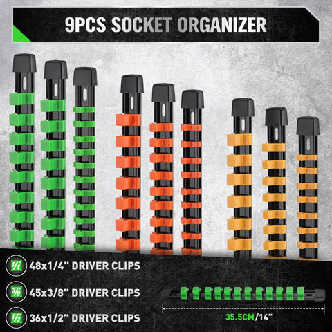 Pro Grade Socket Clip Rail Organizer Kit 6 Piece Set, Heavy Duty ABS Holder with 1/4, 3/8, 1/2 inch clips displayed in colors.