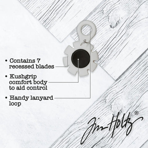 Paper Distressing Tool With 7 Recessed Blades For Scrapbooking And Card Making on wood background, features labeled.
