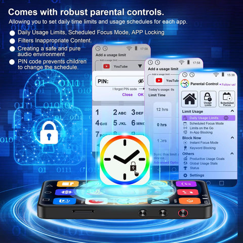 All In One Portable MP3 Player With Bluetooth And WiFi, 144GB Storage, parental control app shown on 4 inch touchscreen