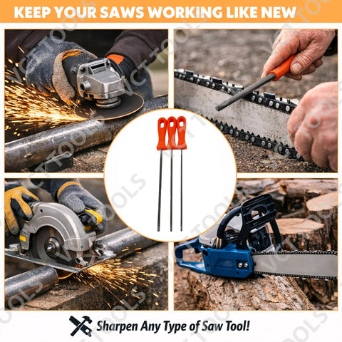 Three Piece Chainsaw Sharpening File Set With Seven And A Half Inch Round Files For Standard Chain Sizes In Heavy Duty High Carbon Steel