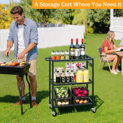 Man using Three-Tier Rolling Cart With 150 Pound Capacity, lightweight black kitchen storage cart for BBQ prep in backyard
