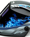 Wham 3030FM Auto Darkening Welding Helmet with Pivot Headgear, blue flame design, durable nylon build, side view