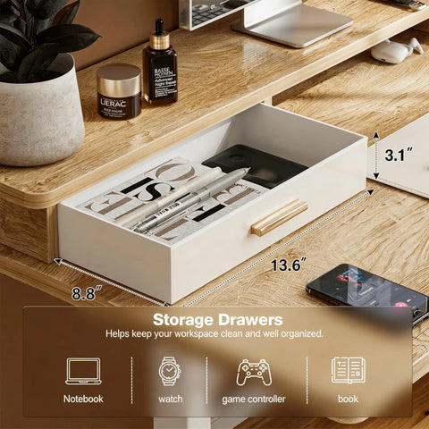 Open drawer of Electric Standing Desk With Two Drawers Sit To Stand Height Adjustable Computer Desk With Storage Shelf 47 By 24 Inch Oak Finish For Home Office Ergonomic Workstation Built For Focus And Flow showing organized stationery.