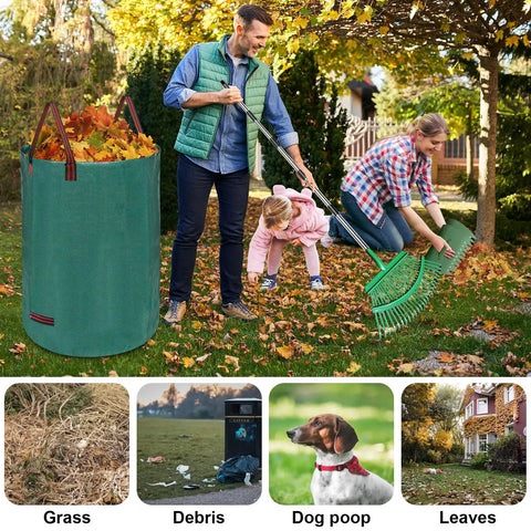 Family using Adjustable Metal Leaf Rake Set With Telescopic Handle From Thirty Eight To Seventy Three Inches Twenty Five Tines Nineteen Inch Wide Includes Two 32 Gallon Leaf Bags And Scoops Heavy Duty Garden Rake For Lawns Shrubs Grass And Flower Beds in backyard.