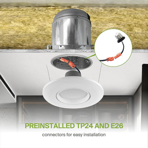 6 Inch Gimbal LED Recessed Light With White Trim installation showing TP24 and E26 connectors