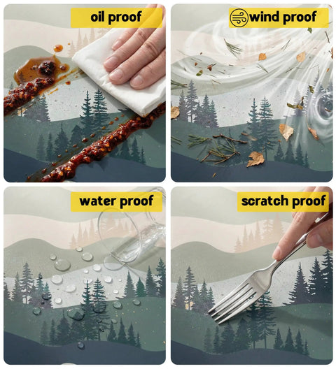 Waterproof Picnic Table Cover With Bench Covers demonstrated as oilproof, windproof, waterproof, and scratchproof on printed landscape